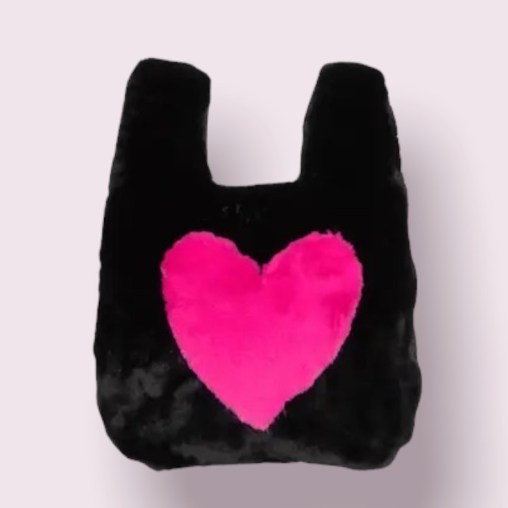 Fuzzy Black Faux Fur Tote with Pink Heart